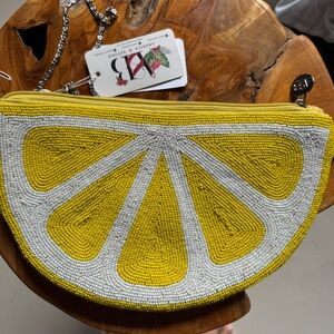 NWT America & Beyond Lemon Beaded Half Moon Clutch Crossbody Bag